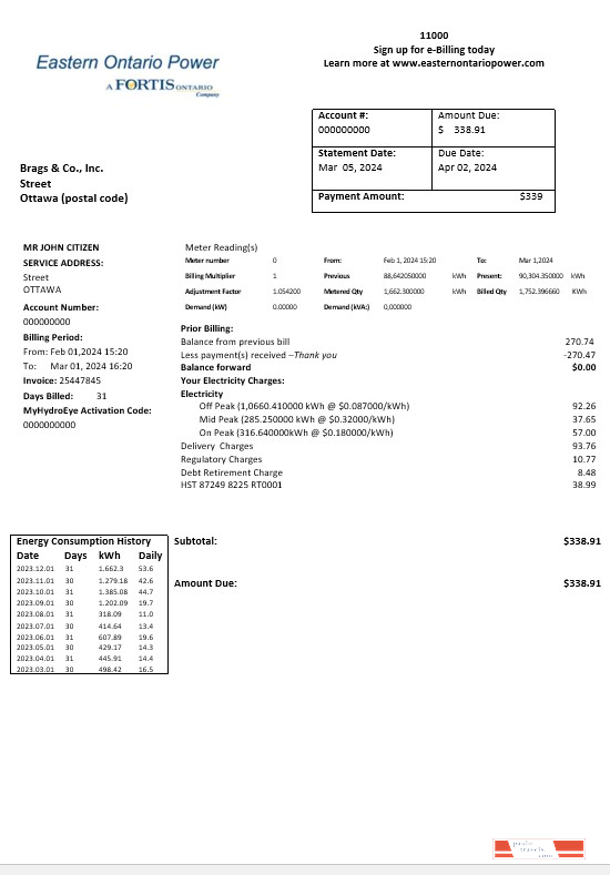 Canada Eastern Ontario Power business utility bill template in Word and pdf formats